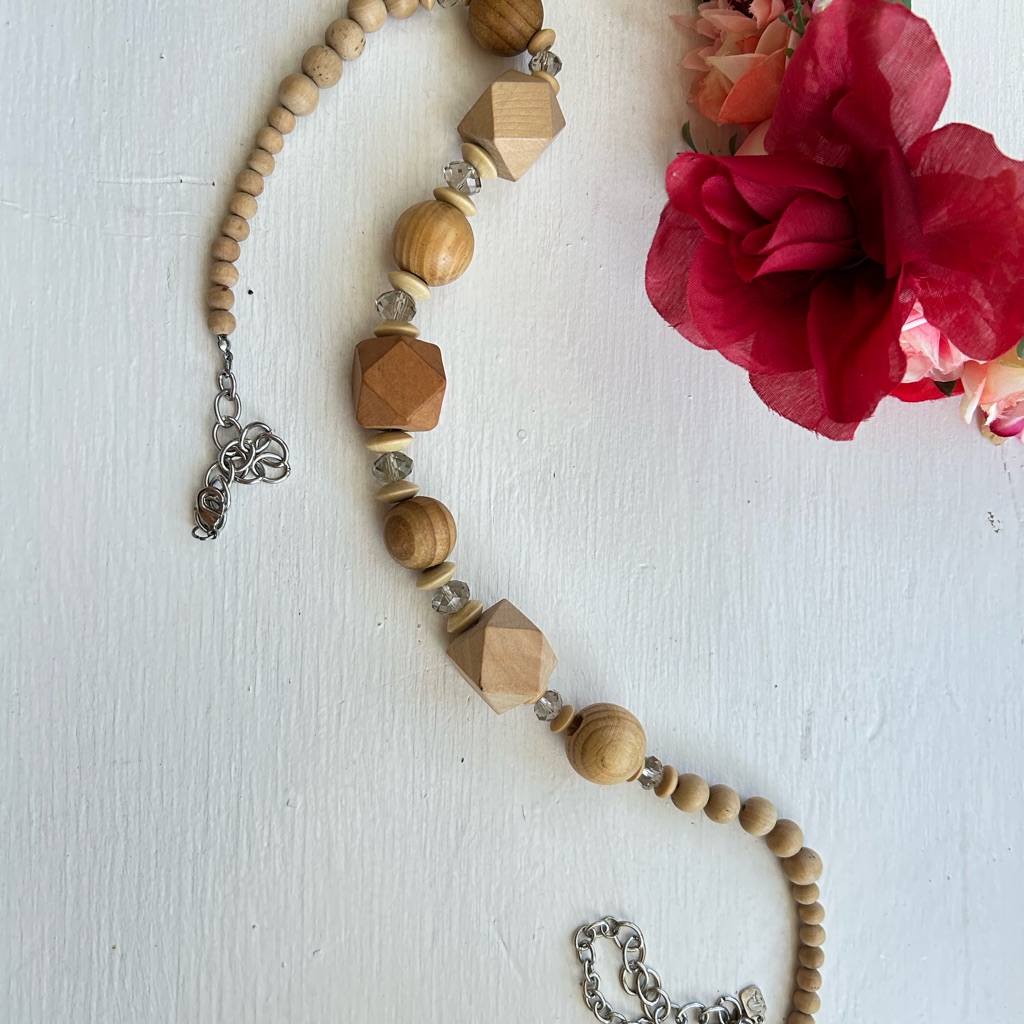 Natural Wood And Silver Bead Necklace